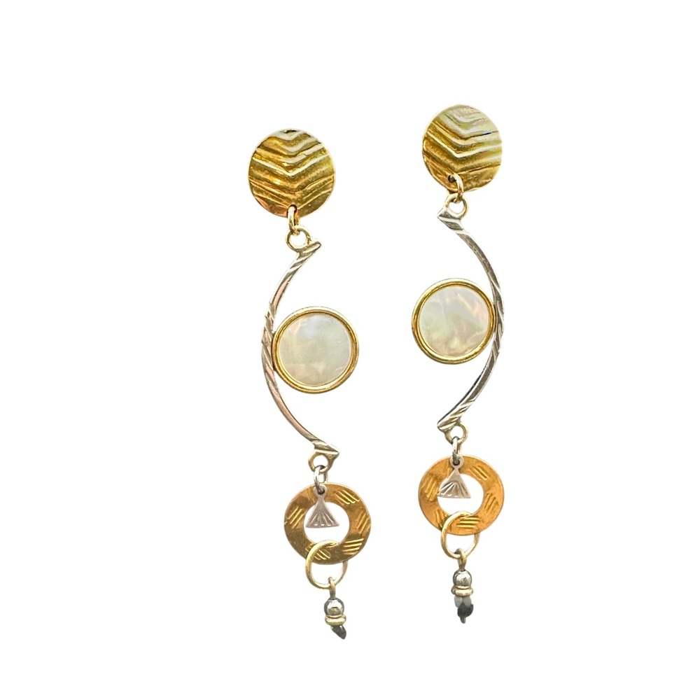 Vintage 80s Artisan Mixed Metal Mother of Pearl Geometric Drop Earrings